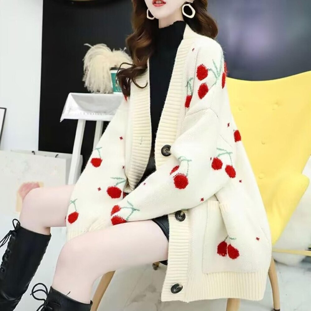 Women’s Fuzzy Knitted Cardigan Long Sleeve Button Up Kawaii Top - Picture 2 of 4